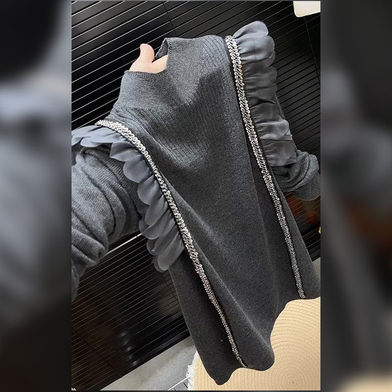 法式时尚高级感荷叶边针织毛衣冬季大码胖MM修身显瘦内搭打底上衣