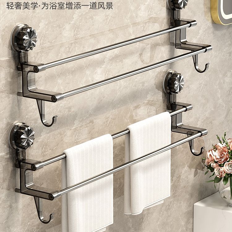 新款吸盘架家用卫生间免打孔壁挂式双杆带挂钩浴巾架收纳置物架ww