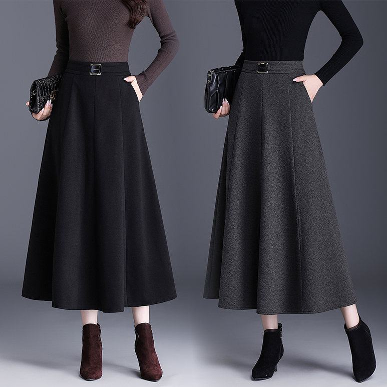 秋冬毛呢口袋半身伞裙显瘦高腰长裙大码半身裙大摆包臀百褶百搭