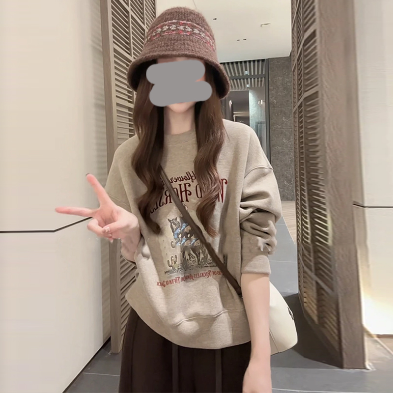 洋气宽松圆领打底上衣女2025春秋季新款美式复古字母印花长袖T恤