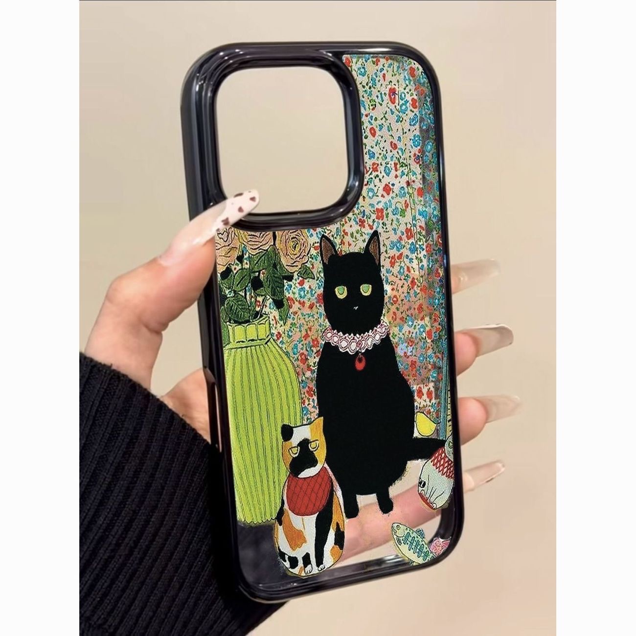 碎花小黑猫适用苹果17Promax新款16趣味15创意14亚克力手机壳13女