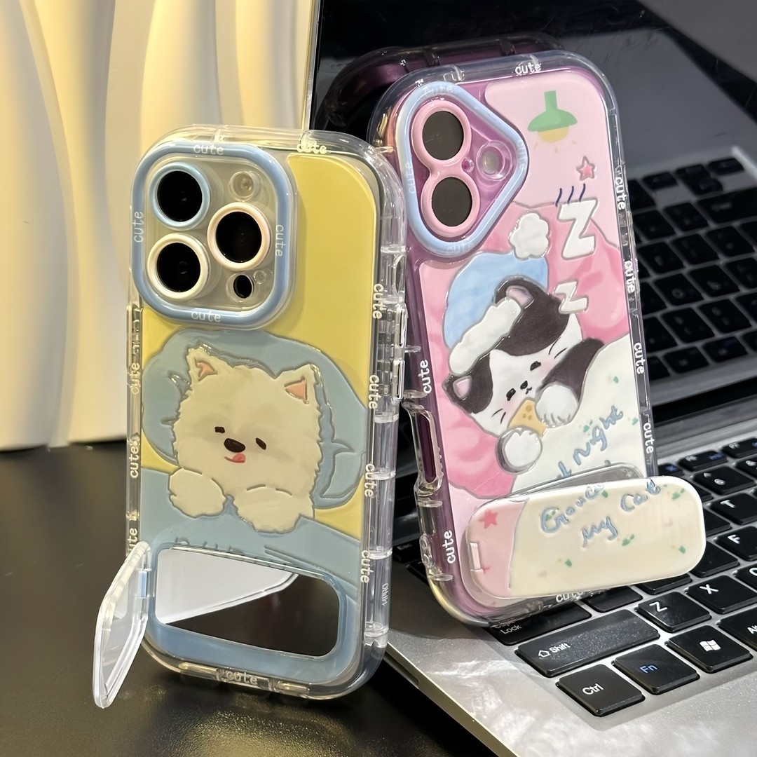 适用睡觉猫猫西高地支架苹果16promax手机壳华为oppovivo小米情侣