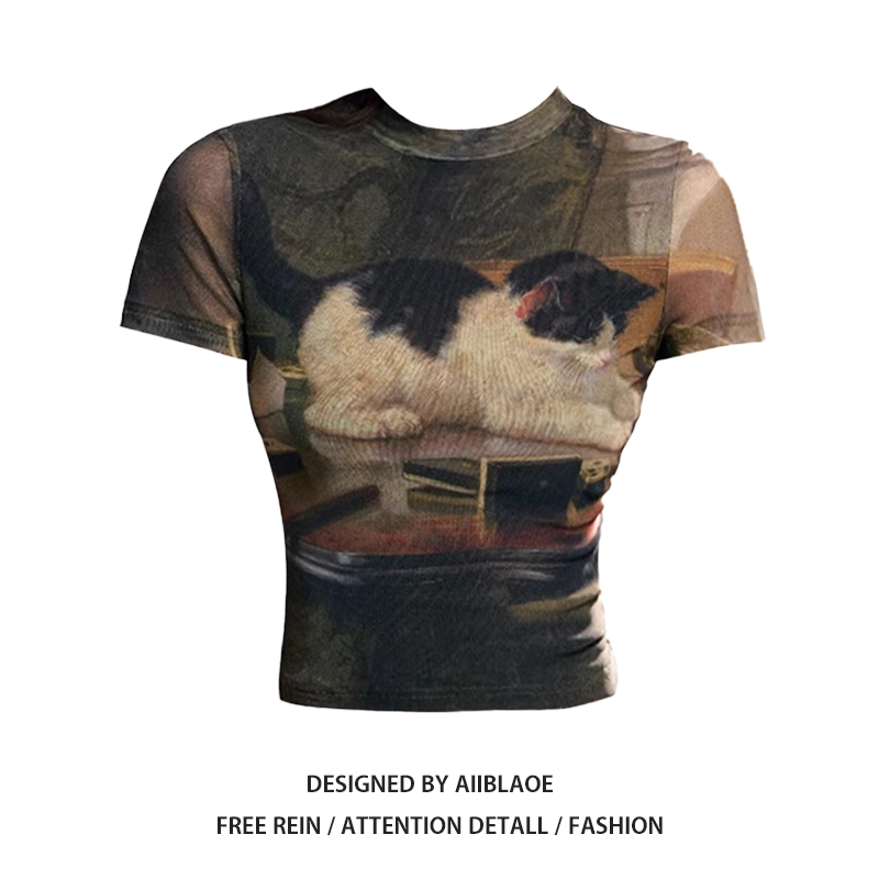 大码美式辣妹小猫印花正肩短袖T恤女夏季设计感修身显瘦短款上衣