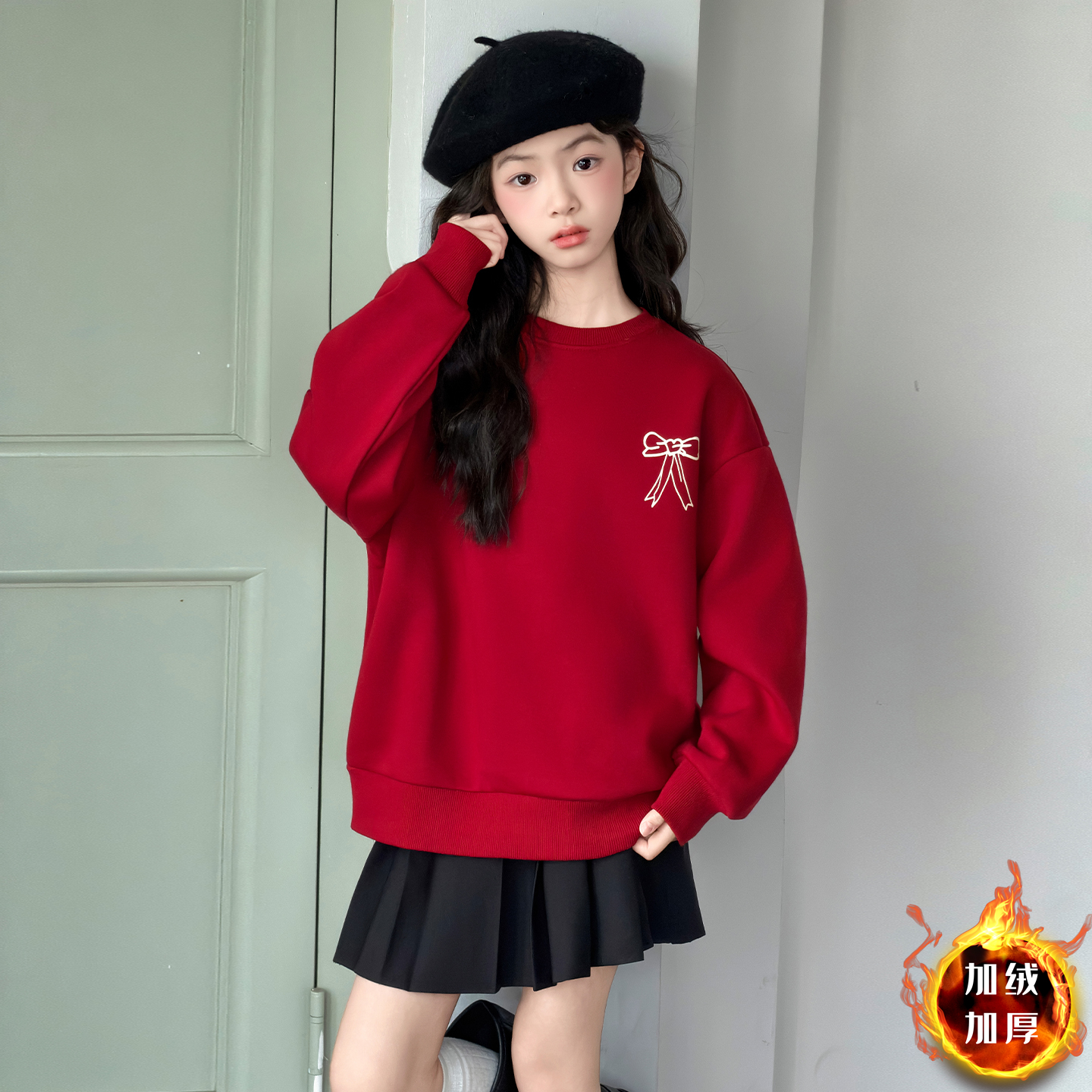 女童冬装卫衣2025新款新年战袍上衣中大童加绒加厚卡通蝴蝶结卫衣