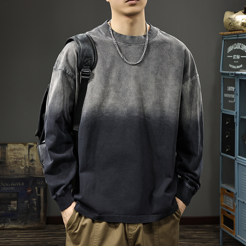秋季新款渐变做旧水洗长袖t恤男美式潮牌痞帅卫衣宽松纯棉打底衫