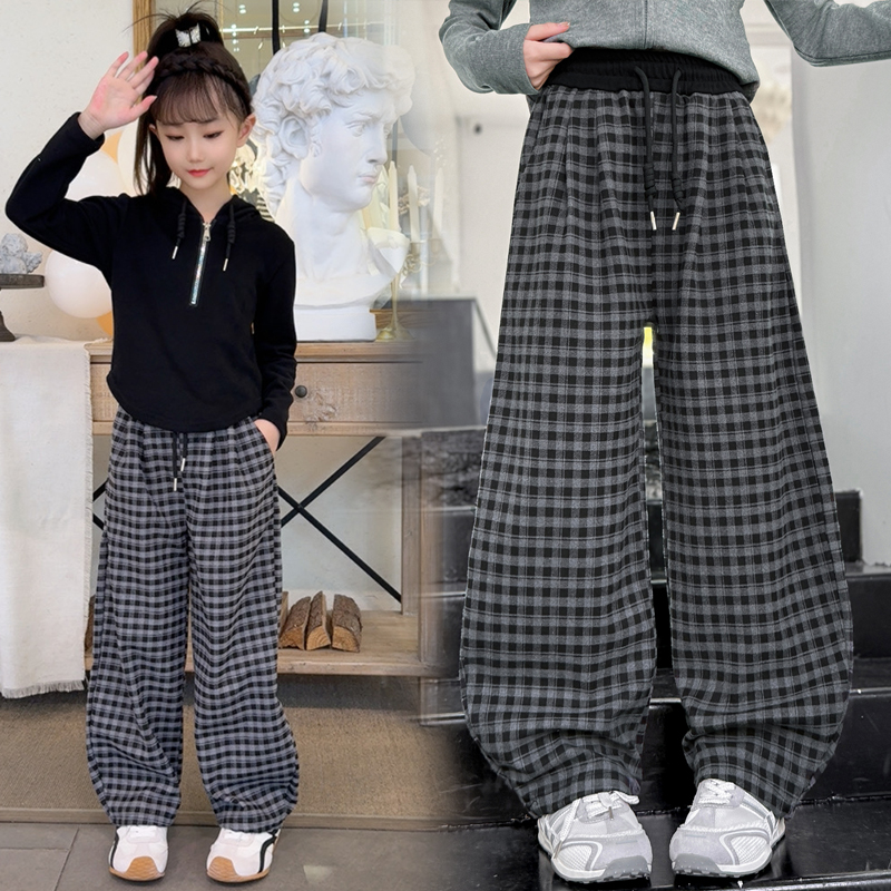 女童秋装套装儿童衣服休闲帽衫中大童童装松紧带格子弯刀裤两件套