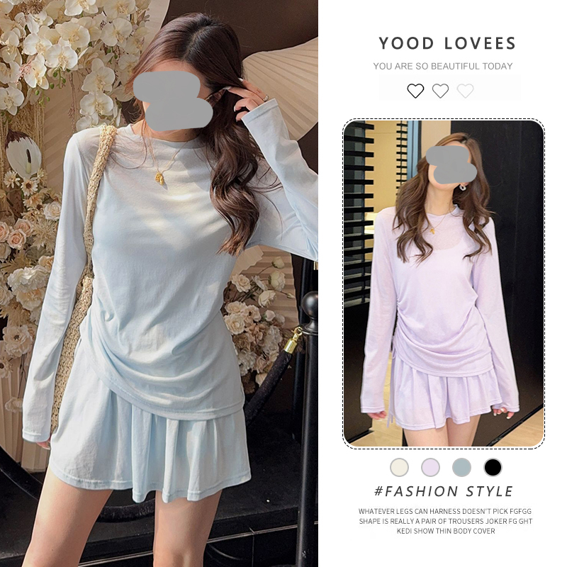 巨好看小个子夏装一整套韩系纯欲风露背防晒长袖T恤半身裙两件套