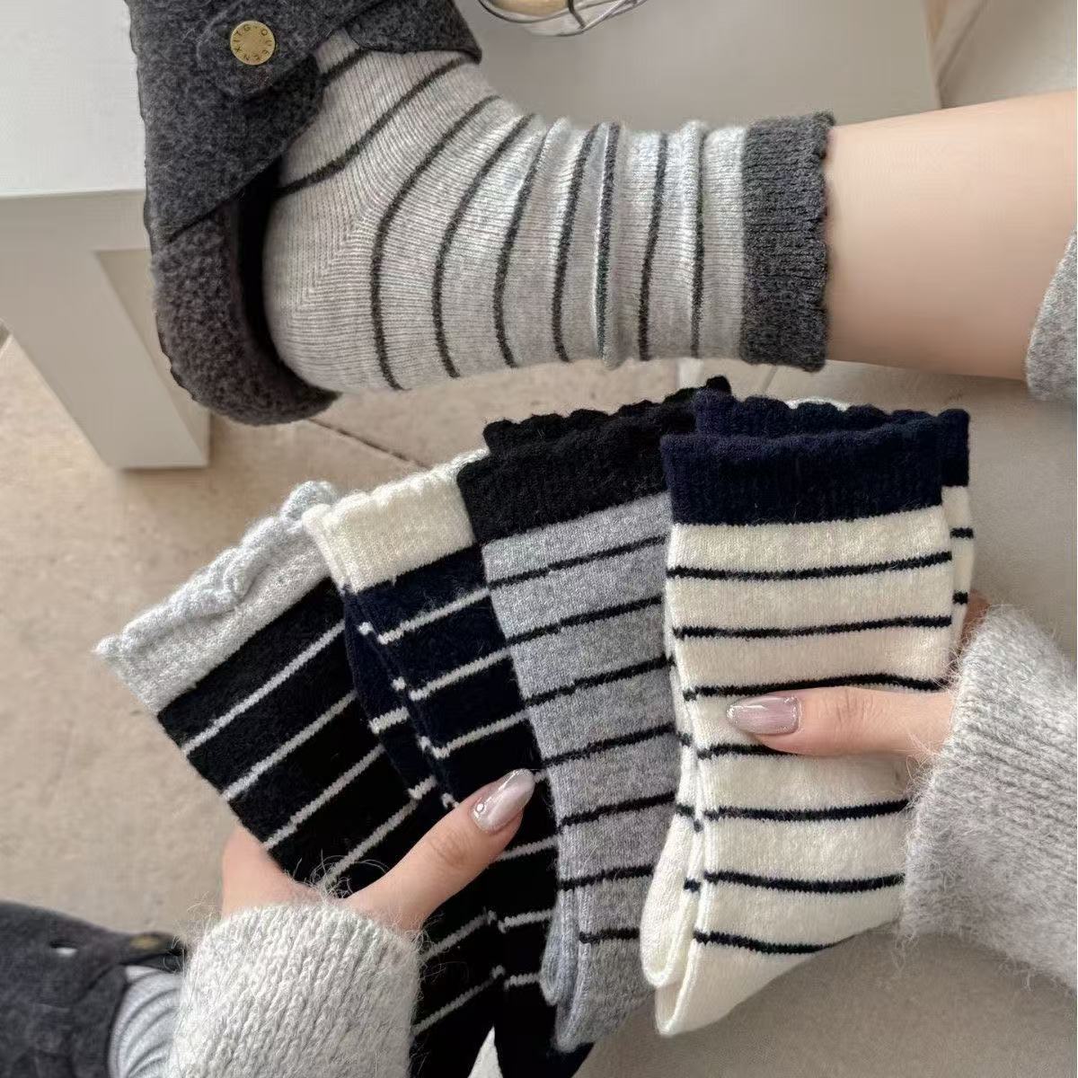【五双装】简约拼色泡泡口花边秋冬保暖jk百搭条纹中筒堆堆袜