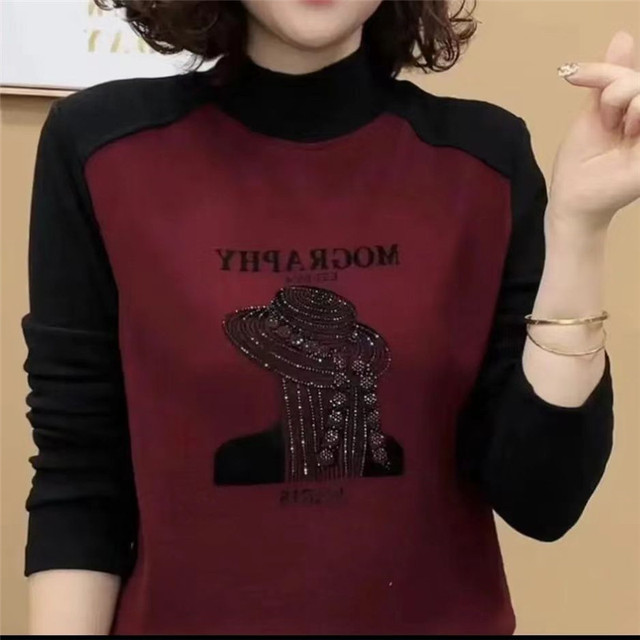 半高领拼接德绒打底衫女2024秋冬新款烫钻长袖小衫妈妈装洋气上衣