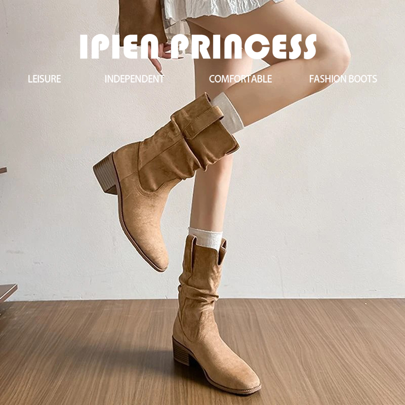 美拉德堆堆靴2025秋冬新款小个子内增高短靴复古中筒百搭马丁靴女