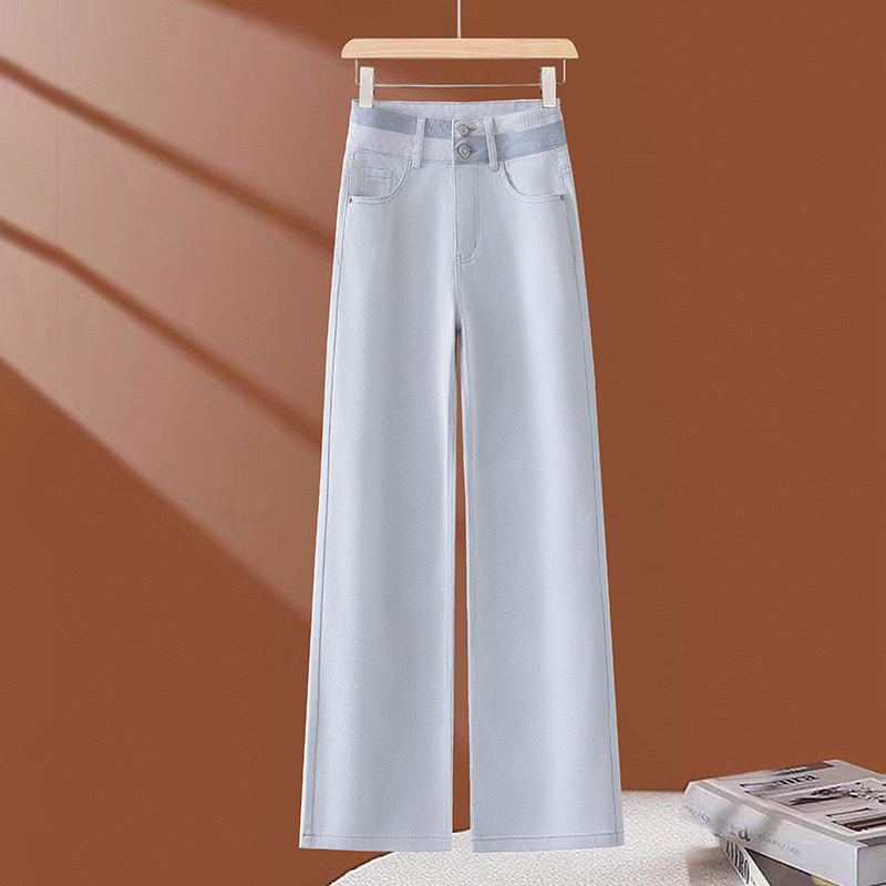 拉夏贝尔莫兰迪灰窄版阔腿牛仔裤女秋2025新款高腰宽松牛仔阔腿裤