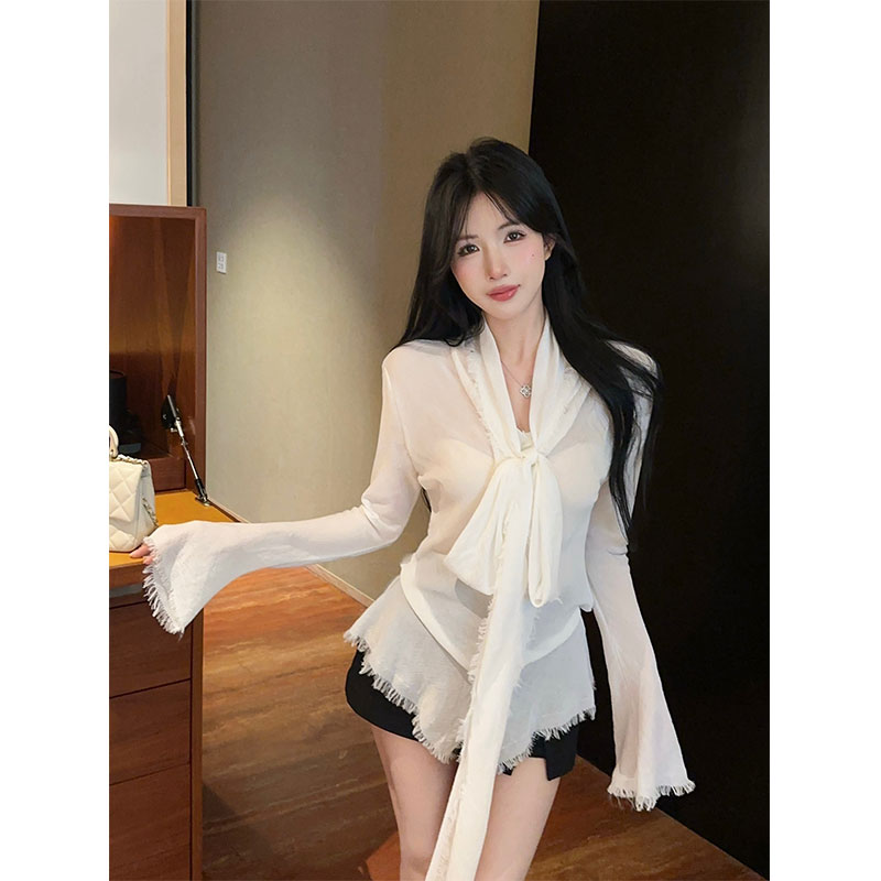 2025秋季新款手工撕拉毛边微透绑带衬衫设计衬衣修身百搭裙裤套装