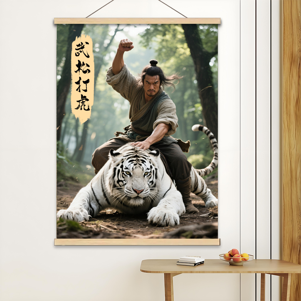 武松打虎挂画保家护宅防水不褪色实木卷轴镇白虎化解风水装饰画