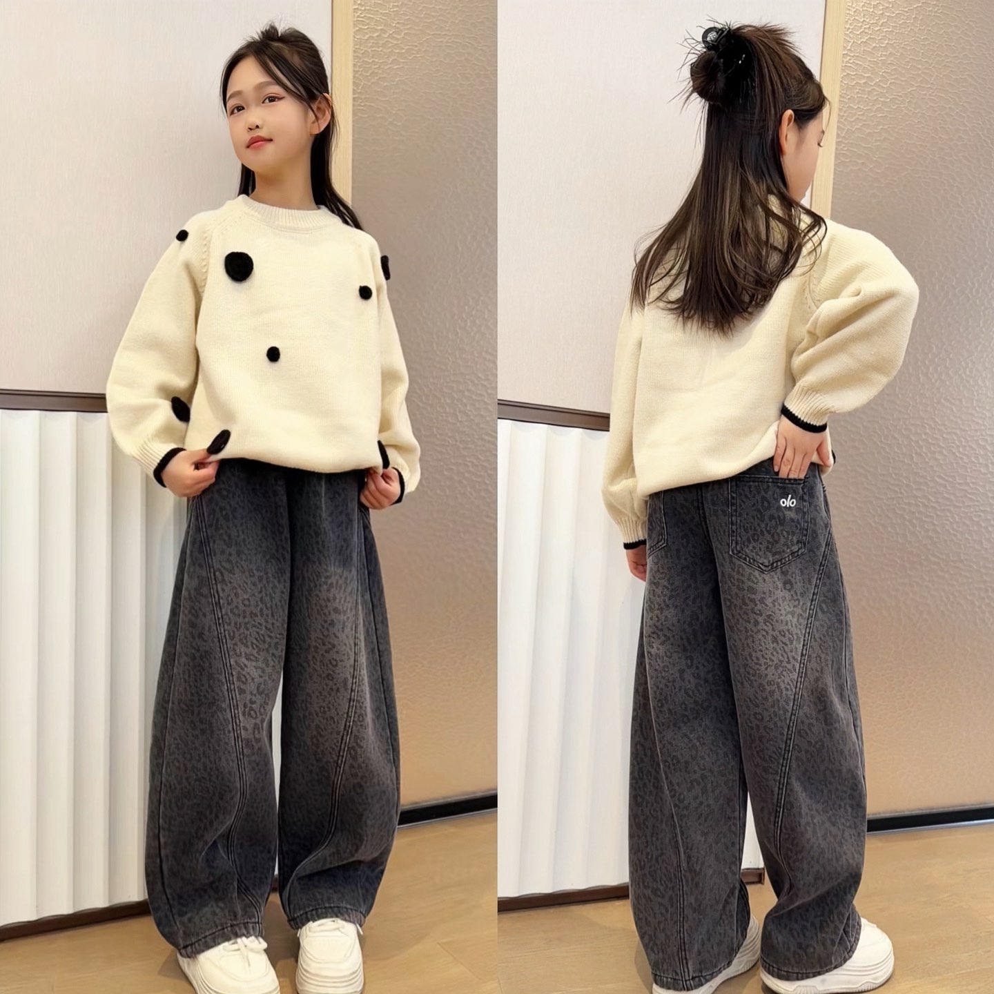 女童冬季厚款韩版圆领长袖加厚毛衣针织衫大童阔腿加绒牛仔裤套装