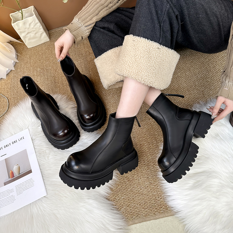 7厘米英伦风秋冬厚底时尚圆头百搭切尔西短靴烟筒百搭气质小个子