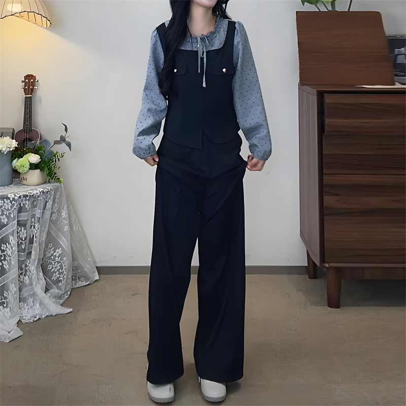今年流行韩系套装2025秋季新款时尚波点假两件衬衫阔腿裤两件套潮