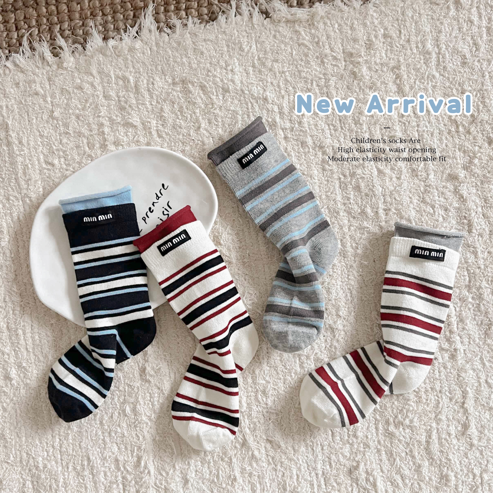 女童袜子春秋季韩系条纹布标卷边袜中筒袜女孩子百搭潮袜冬季棉袜