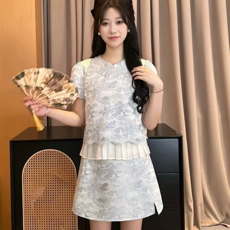 AA【虞美人】夏款新中式短袖套装宫廷千金名媛风显瘦半裙两件套潮