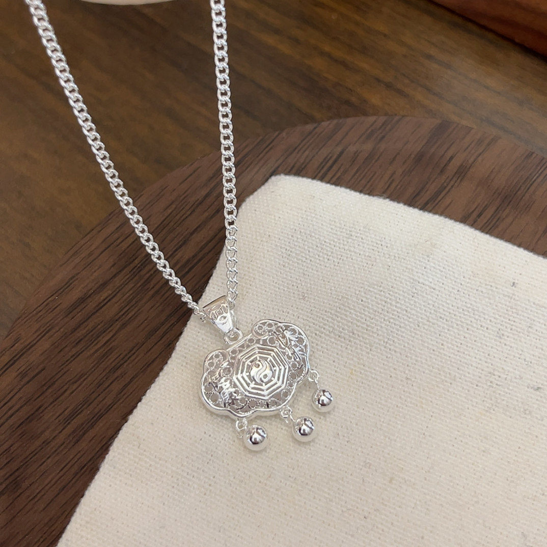 吊坠足银 足银99宝宝八卦长命锁项链健康快乐镂空吊坠