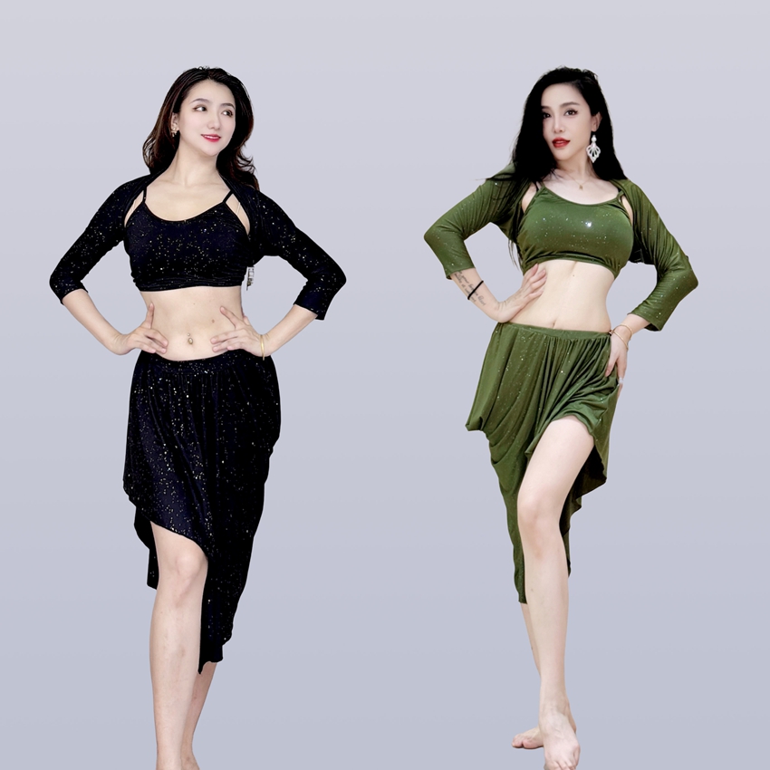 swegal肚皮舞练功服东方舞撒银冰丝动感鼓舞小短裙四件套服装秋冬