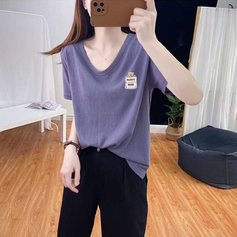 夏季新款V领雪花棉短袖t恤2025小众洋气通勤宽松显瘦胖mm女装上衣