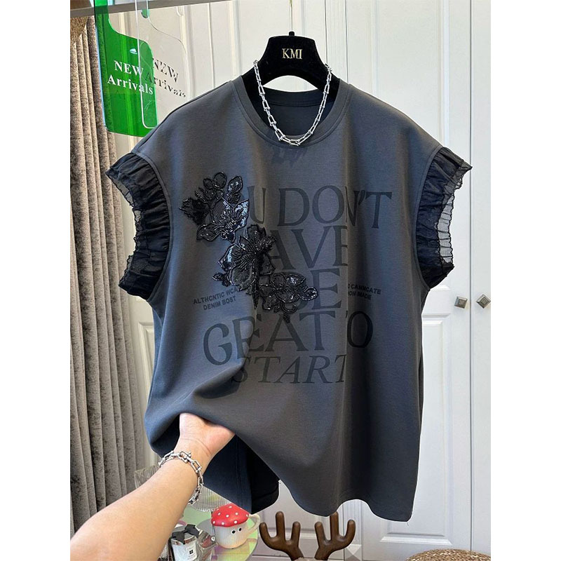 300斤超大码重工钉珠字母拼接网纱小飞袖t恤男士夏季宽松灰色上衣