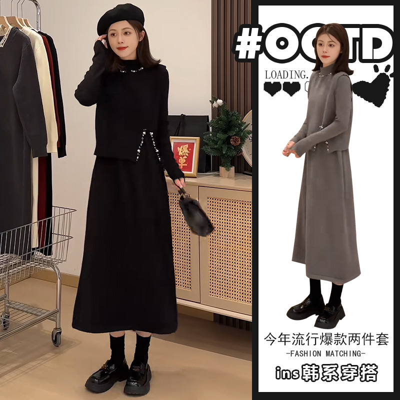 设计感开叉马甲穿搭套装女早秋新款轻熟风修身显瘦连衣裙两件套潮