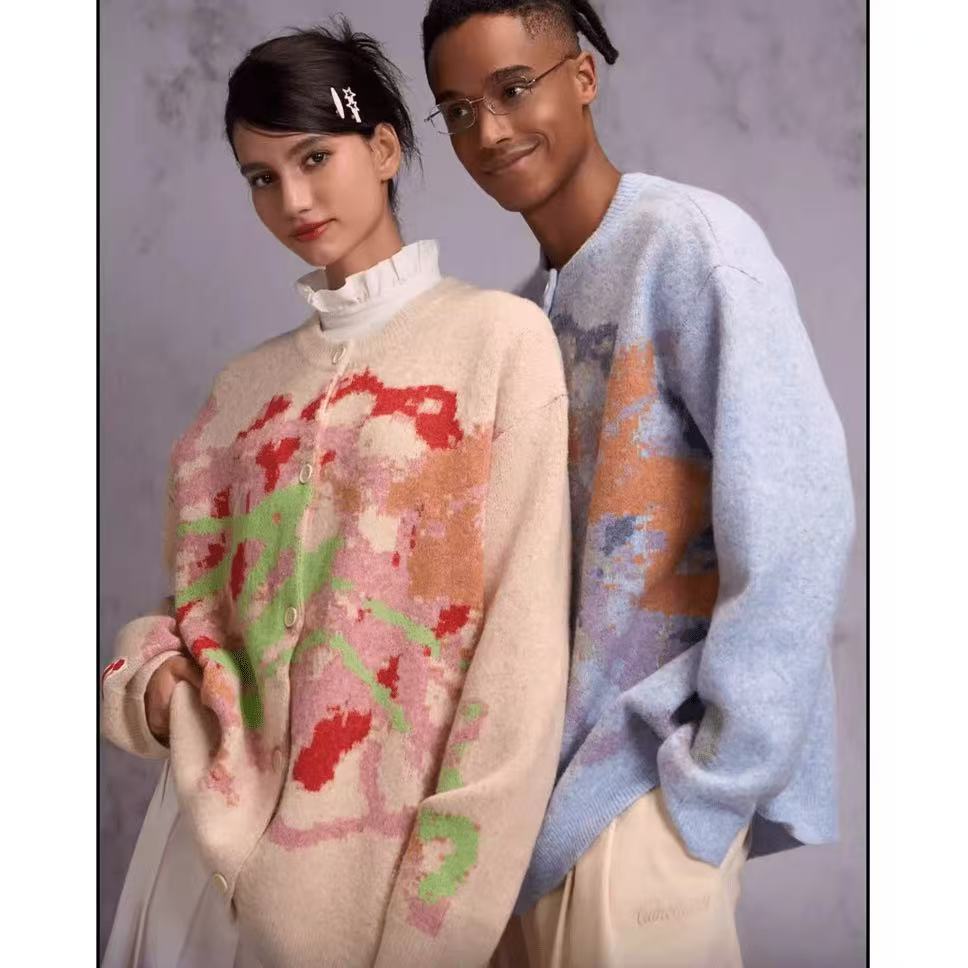 美式针织衫毛衣蜡笔风提花开衫款长袖圆领涂鸦男女情侣同款外套