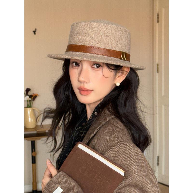 法式英伦风毛呢渔夫帽女生文艺复古平顶盆帽秋冬季气质时髦小礼帽