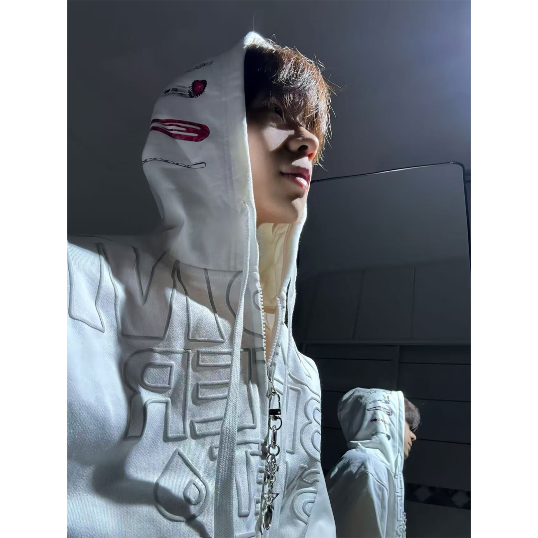 ins风刺绣字母落肩发夹开衫卫衣印花logo拉链挂饰贴纸卫衣外套潮