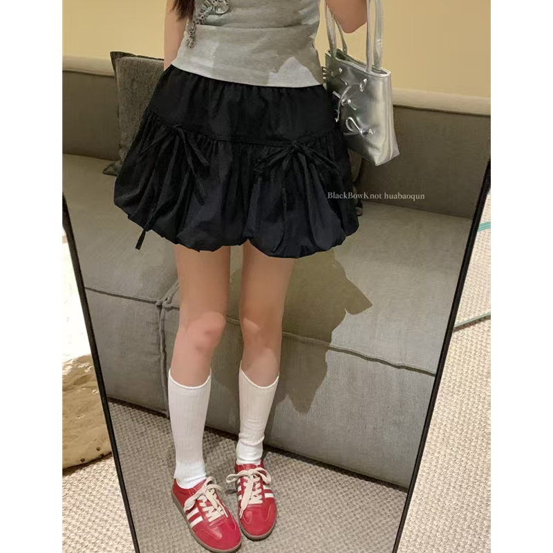 蝴蝶结黑色花苞裙半身裙女夏季纯欲甜美云朵蓬蓬裙松紧高腰短裙子