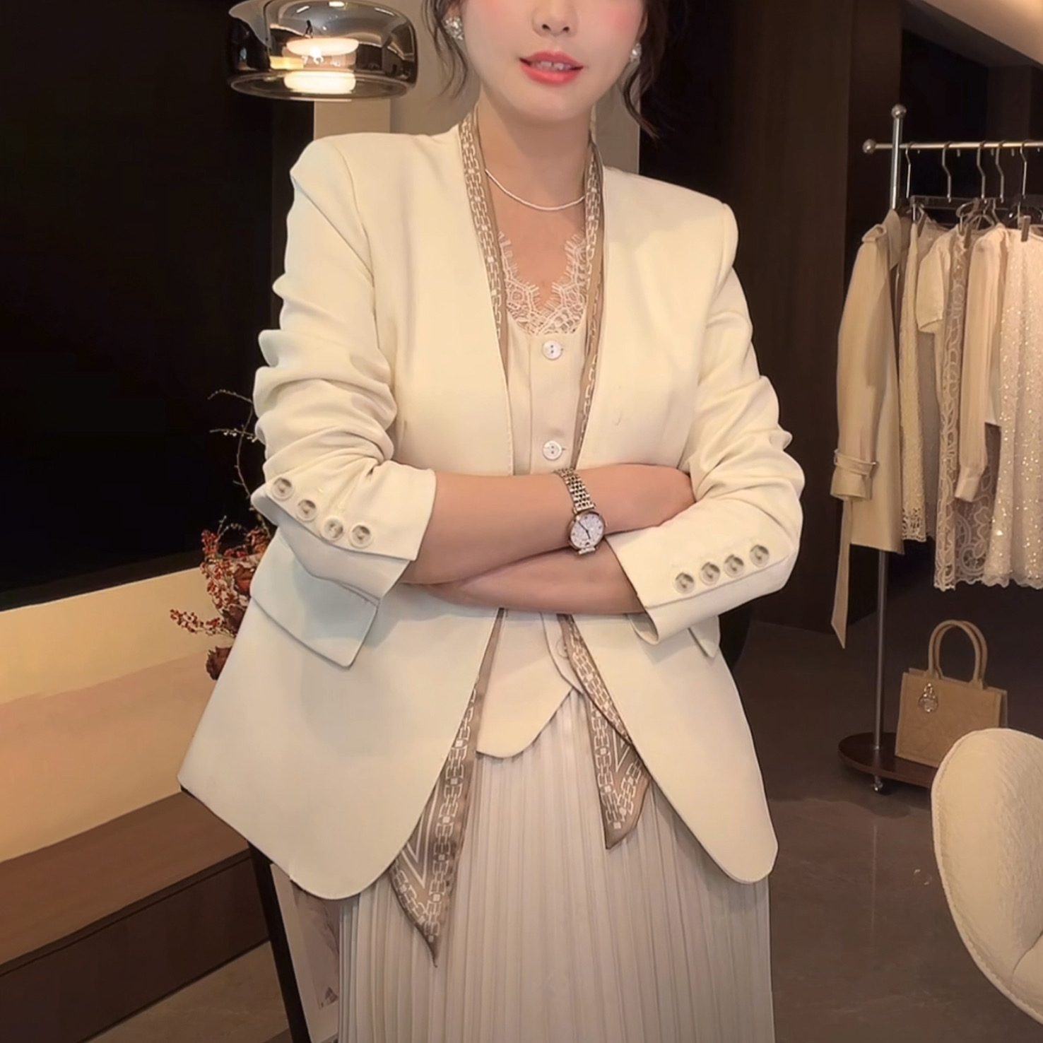 时尚洋气无领西装外套女高级感2025新款春季韩版修身西服女上衣潮