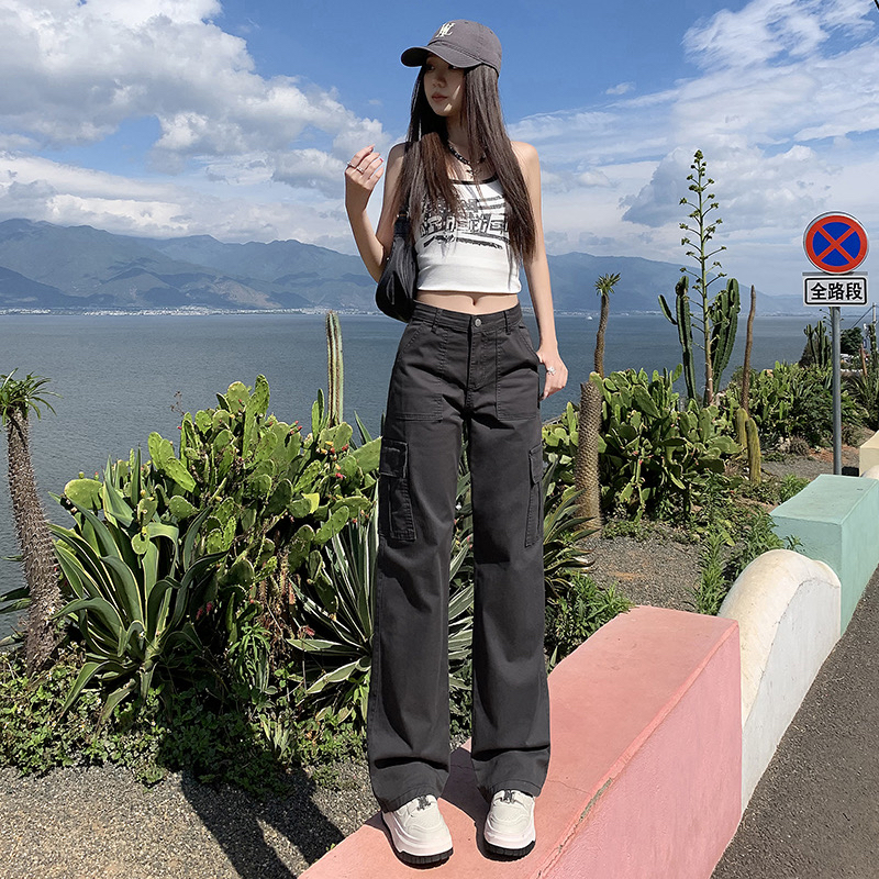 秋冬直筒窄版工装裤女2025美式复古牛仔直筒休闲裤黑色显瘦高腰