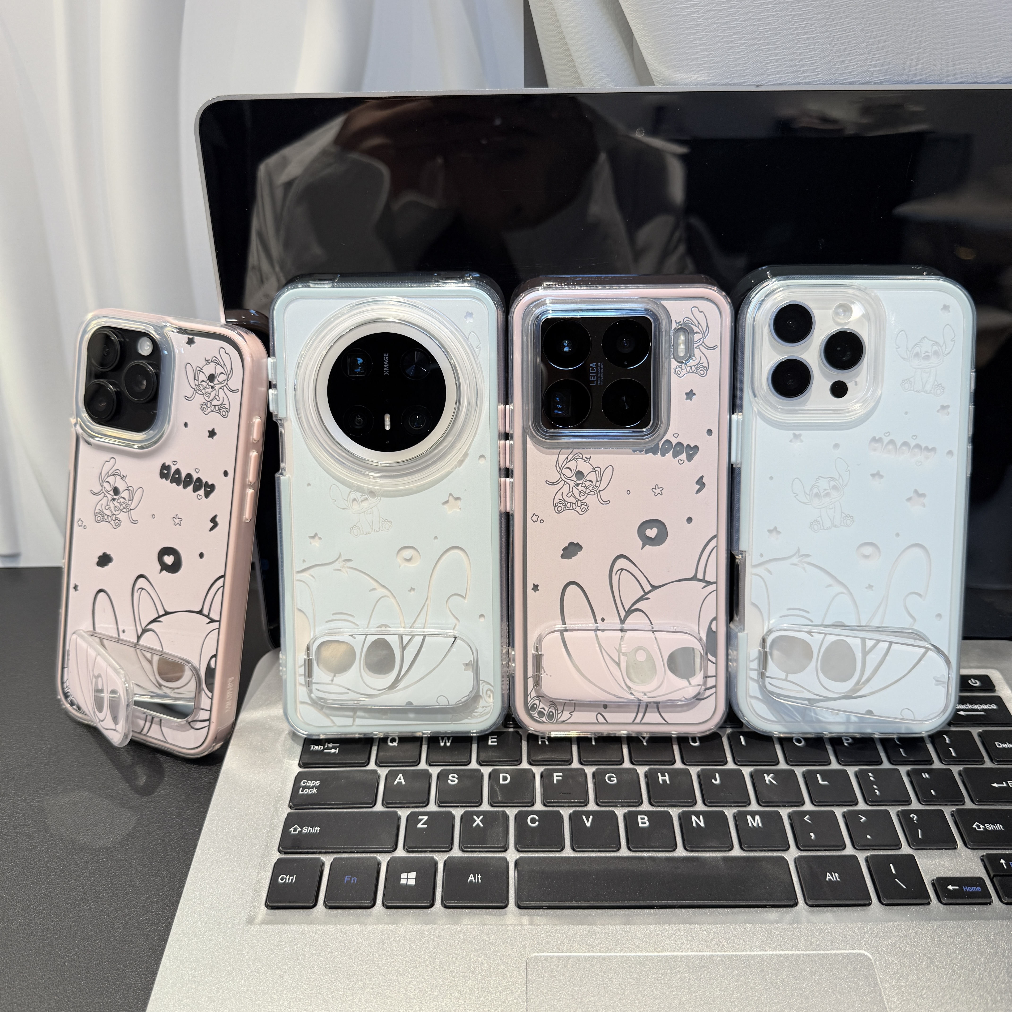 粉蓝史迪仔支架适用苹果/华为/荣耀/OPPO/VIVO/小米手机壳防摔