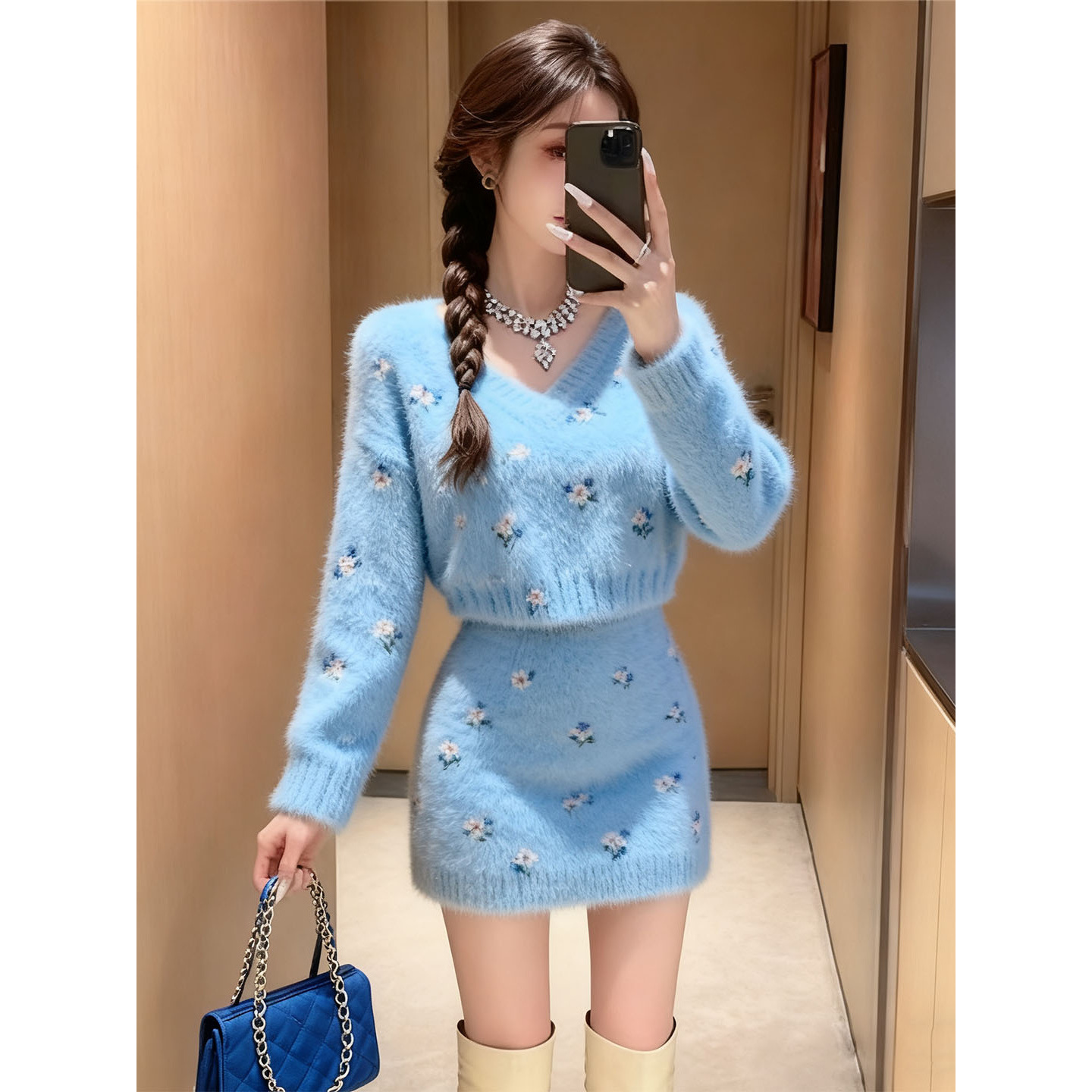 2025秋冬新款V领针织套装女精致小香风花朵毛衣半身短裙两件套