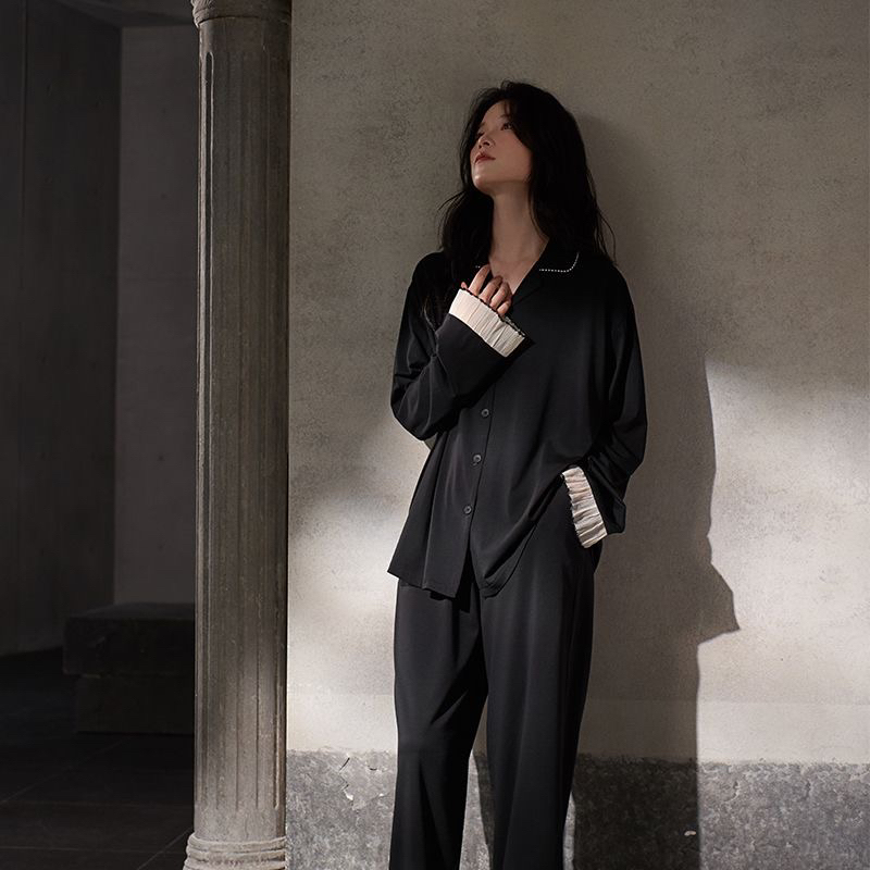 2025年春秋季睡衣女款莫代尔棉长袖长裤黑色套装秋冬可外穿家居服