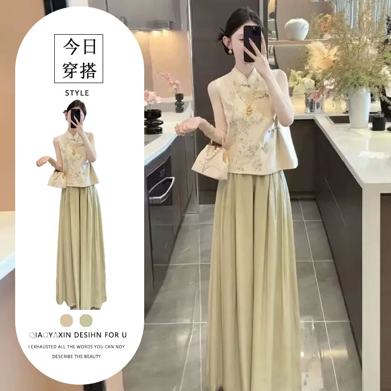 新中式国风禅意女装夏季高级感气质盘扣无袖上衣阔腿裤子两件套装