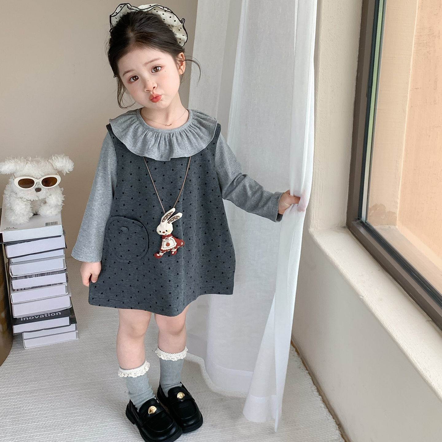 女童连衣裙套装2025新款儿童森系打底衫洋气女孩超好看波点背心裙