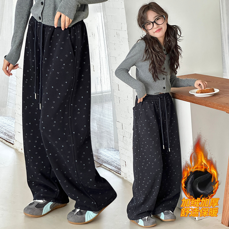 女童加绒小爱心卫裤冬装新款中大童女孩洋气休闲裤一体绒加厚针织