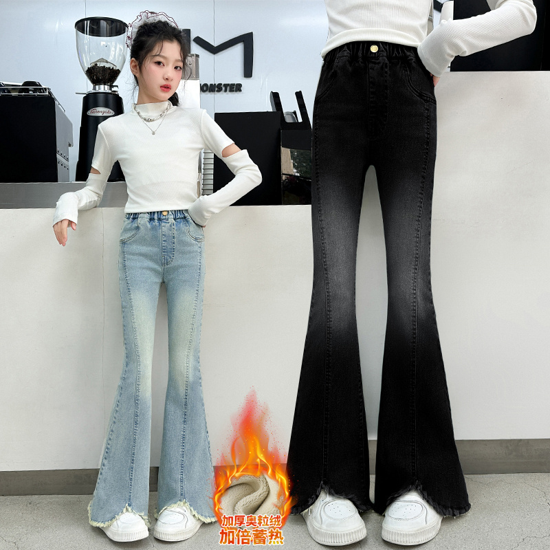 女童加绒牛仔喇叭裤新款脚口毛边牛仔裤休闲显瘦长裤中大童一体绒
