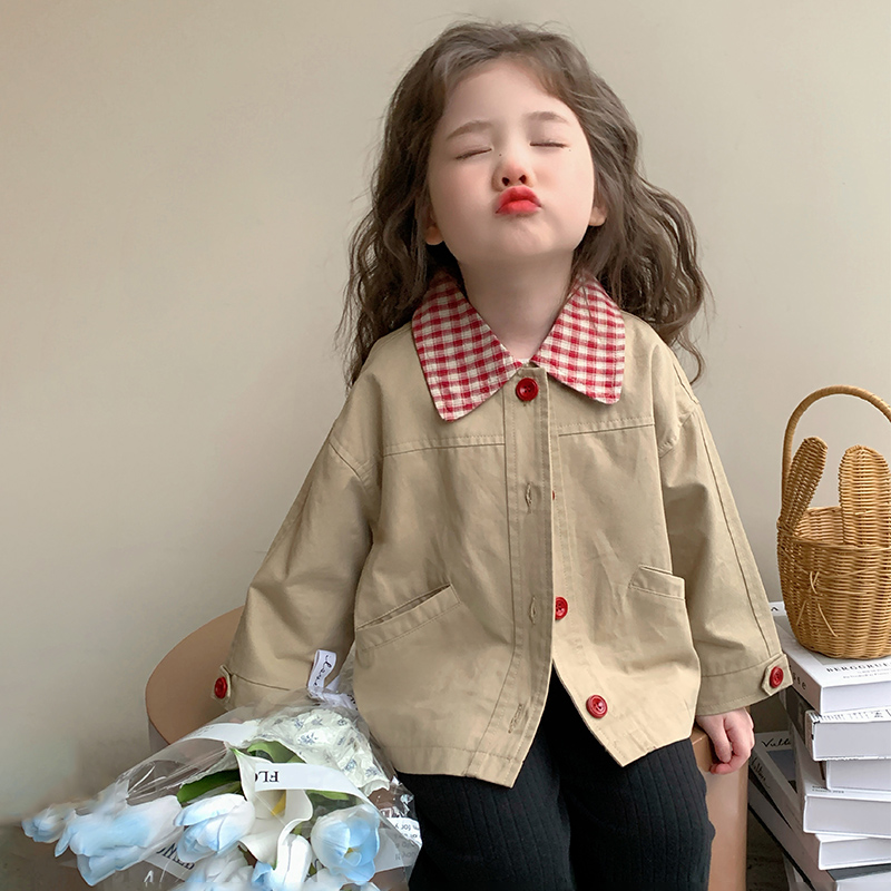 女童春秋款格子领薄款风衣2025春装新款宝宝外套儿童时髦上衣洋气