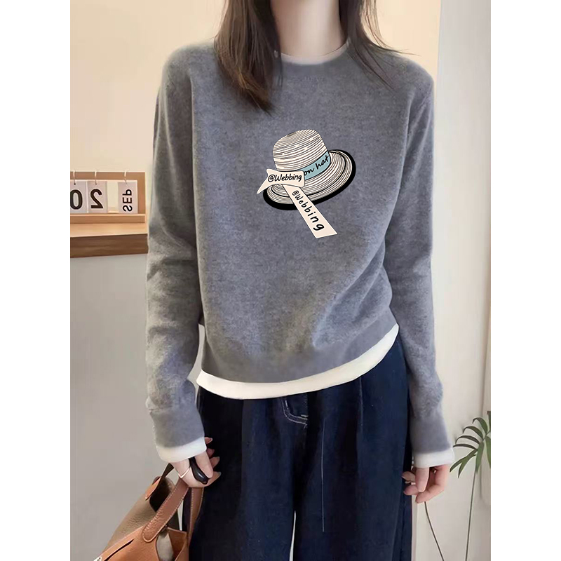 拼接假两件长袖T恤女早秋2025新款圆领撞色印花设计显瘦百搭上衣