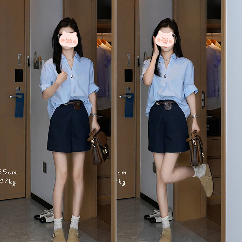 巨好看的夏装一整套韩系独特绝美小个子气质蓝色衬衫搭配短裤套装