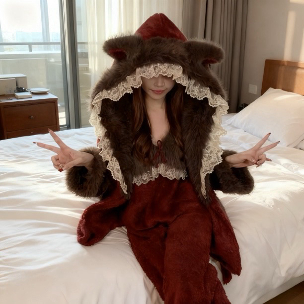 奶兔蜜语【烈焰魅影】厚款长袖保暖睡衣家居服套装加绒女装家居服