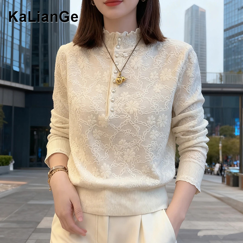 卡莲格/花边镂空纽扣气质蕾丝衫女2025秋冬加厚保暖立领针织毛衣