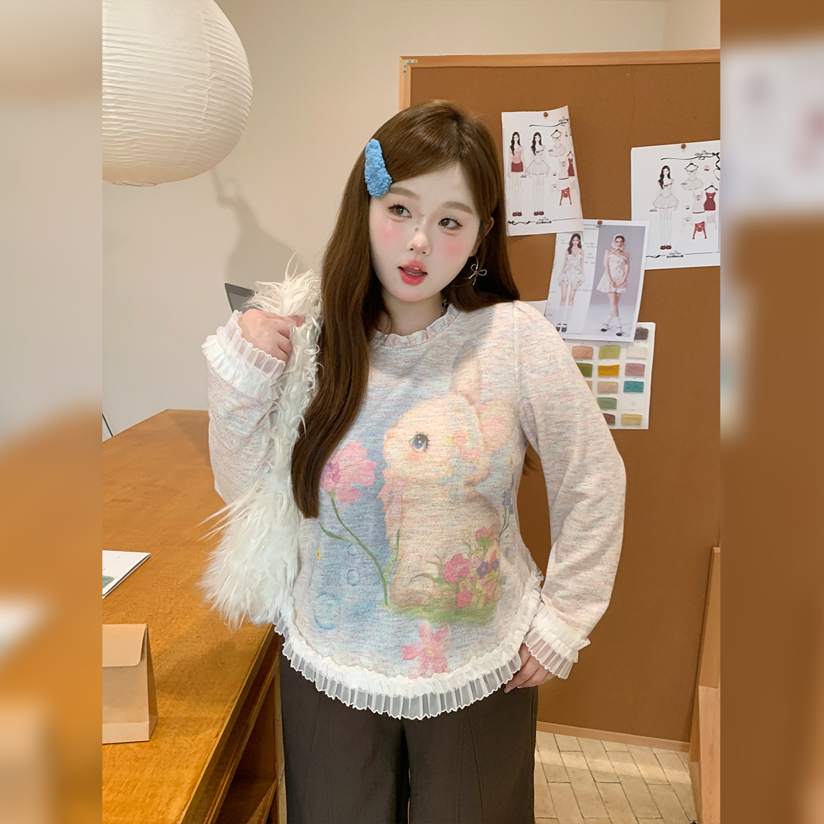 徐达布【浪清迷迭】大码针织衫女微胖早秋印花打底衫Z37772C53