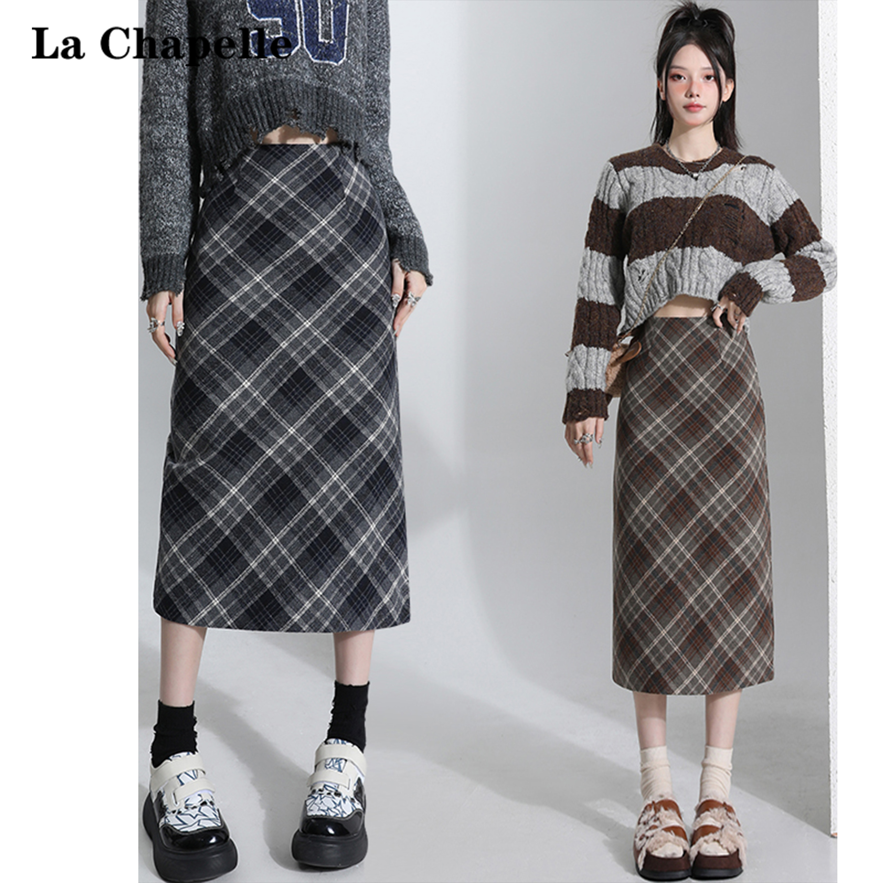 La Chapelle/拉夏贝尔格子毛呢半身裙女2025秋季高腰显瘦中长裙