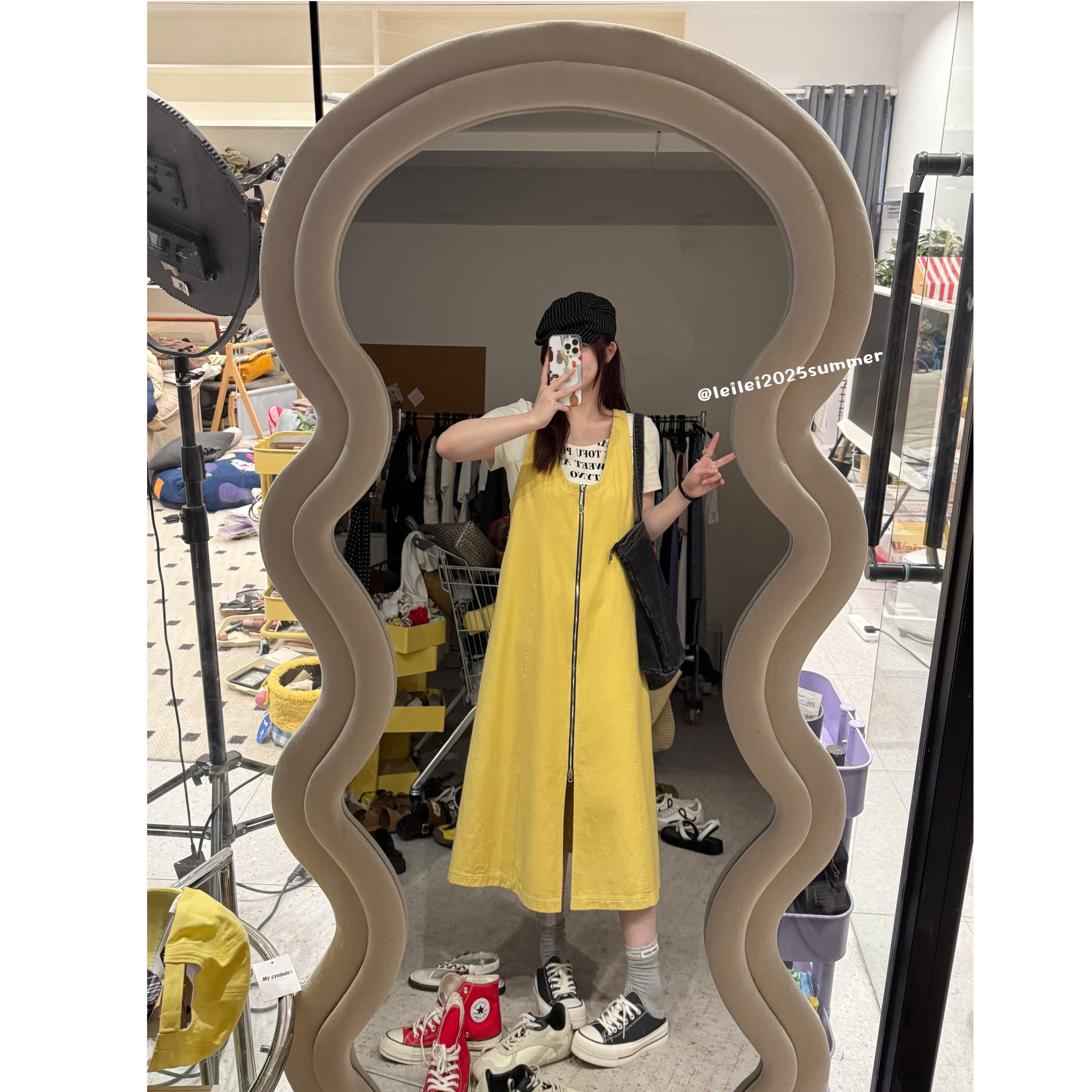 晶咕【格雷系女孩】设计感大U领双头拉链无袖背心牛仔连衣裙