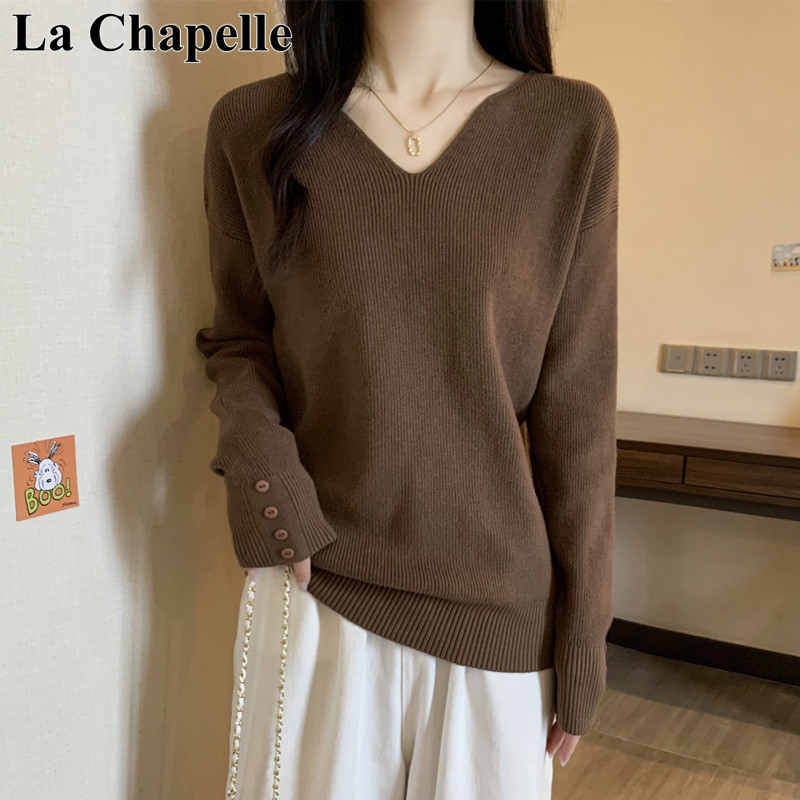 拉夏贝尔时尚显瘦V领长袖针织上衣女秋季新款胖mm内搭打底衫毛衣