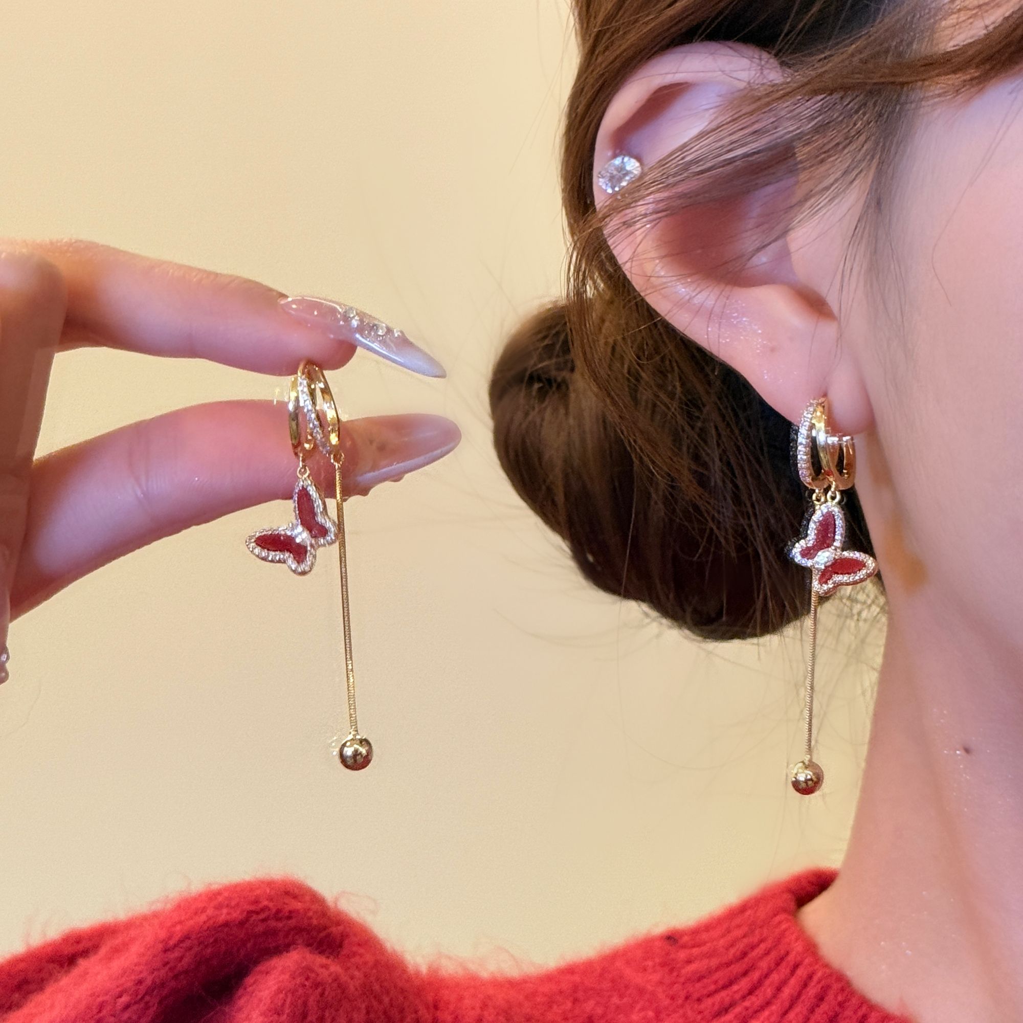 铜合金锆石耳饰 新年爆闪红色蝴蝶流苏耳环女高级感过年喜庆耳饰